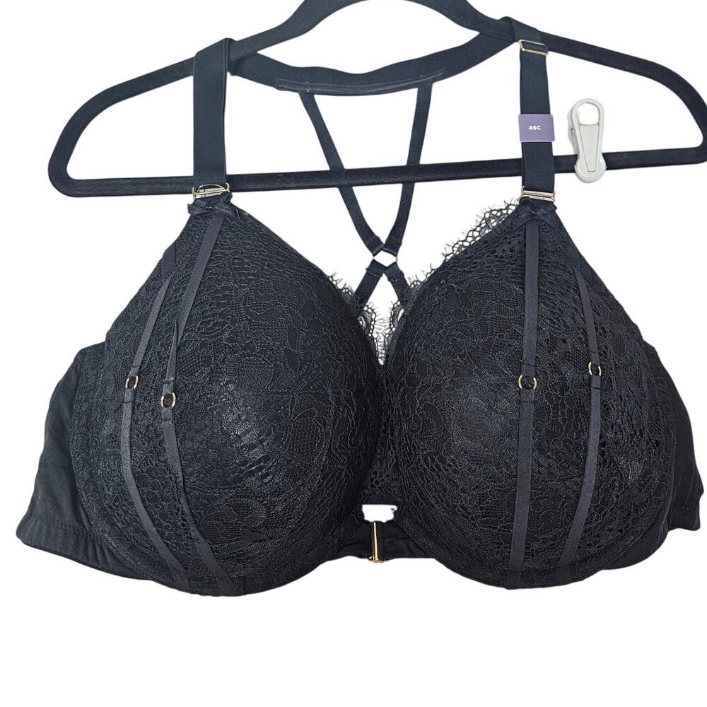 NEW Cacique 46C Boost Plunge Black Lace Bra Front Clasp Harness Underwire